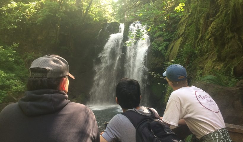 students looking at waterfall